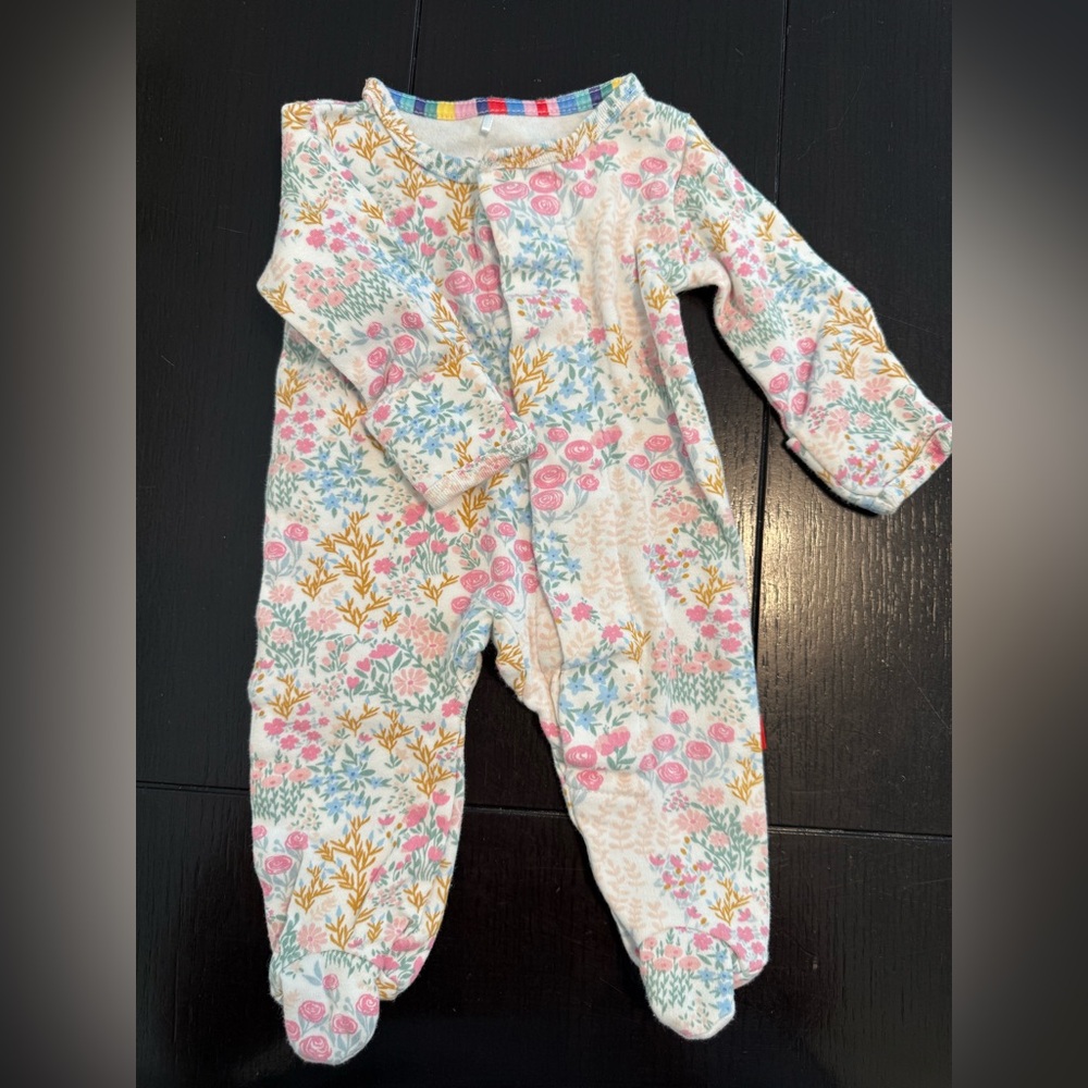 Magnetic Me Floral Print One-Piece Footie in Pink, Blue & Gold (Size Newborn)